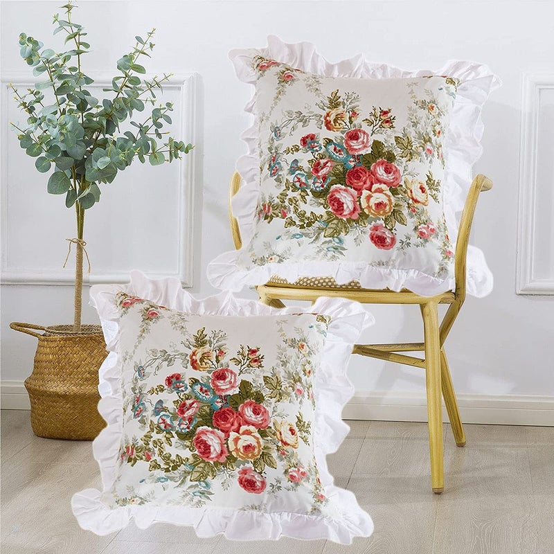 FADFAY Rose Floral Throw Pillow Covers 18x18 Set of 2 Flowers Pillow Cushion Cases Cotton Cushion Covers White Ruffle Decorative Throw Square Pillowcases for Sofa Couch Bedroom Living Room Car - Image 1